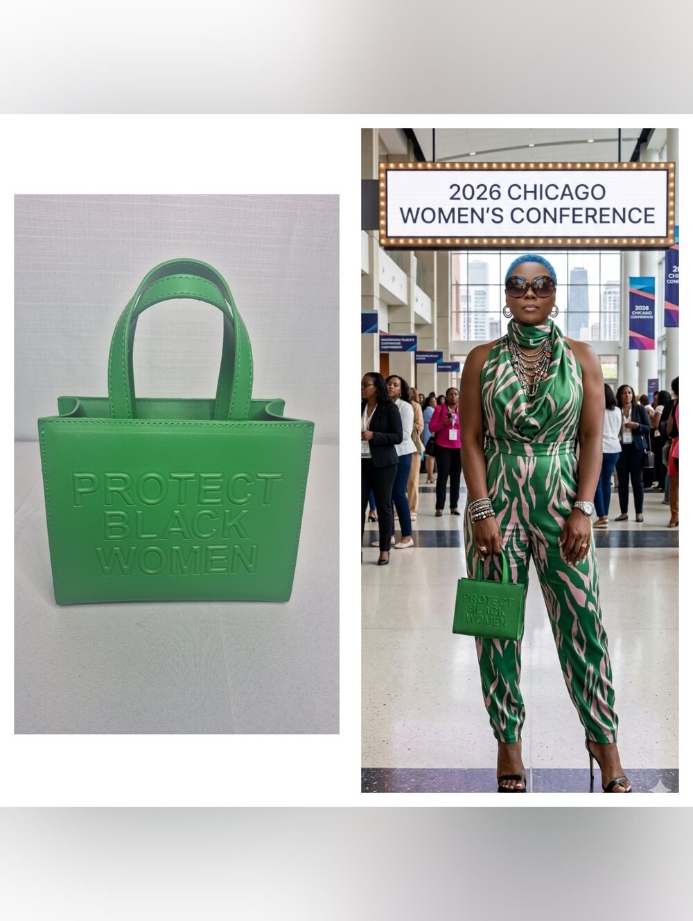 Protect Black Women Embossed Green Mini Tote Bag NWOT